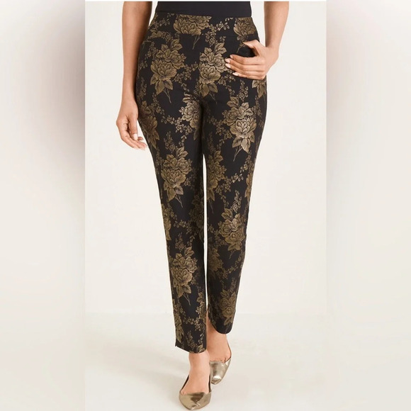 CHICO’S Sz 3R Pull On Pants Brigitte Brocade Floral Sheen Tapered Ankle NEW - Picture 1 of 12